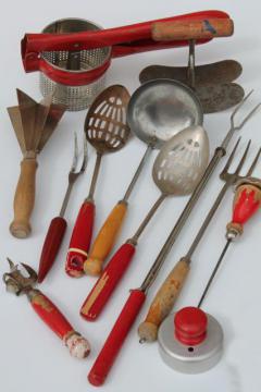 catalog photo of vintage kitchen utensils w/ red handles, red painted wood handled spoons, toast forks, chopper tool