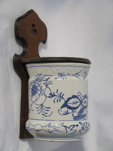 photo of vintage kitchen wall box w/ wood bracket, large blue & white china canister #2