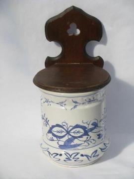 catalog photo of vintage kitchen wall box w/ wood bracket, large blue & white china canister