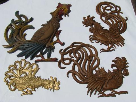 photo of vintage kitchen wall plaques, metal roosters! #1