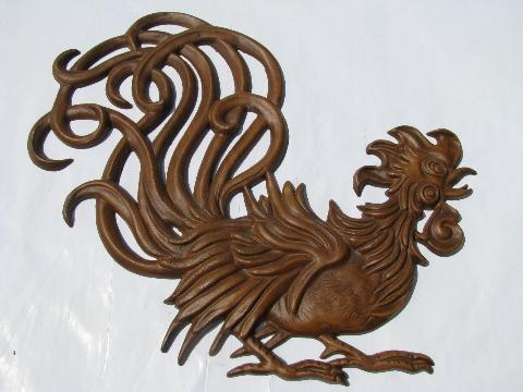 photo of vintage kitchen wall plaques, metal roosters! #4