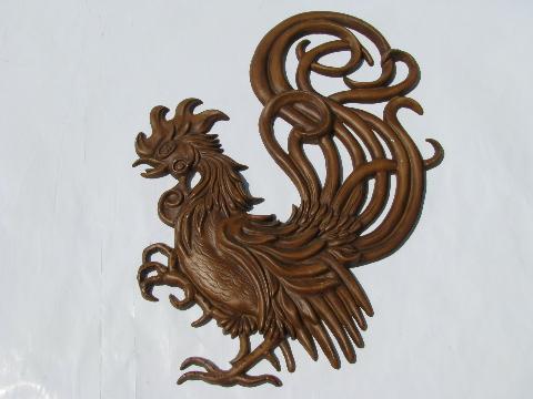 photo of vintage kitchen wall plaques, metal roosters! #5