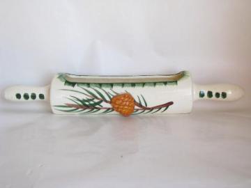 catalog photo of vintage kitchen wall pocket planter, old rolling pin, hand-painted pottery