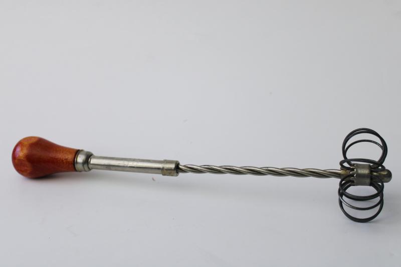 photo of vintage kitchen whisk or eggbeater, patent spring loaded push design looped wire whip #2