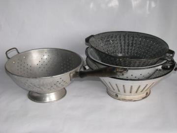 catalog photo of vintage kitchenware, colander strainer basket lot, old graniteware enamel