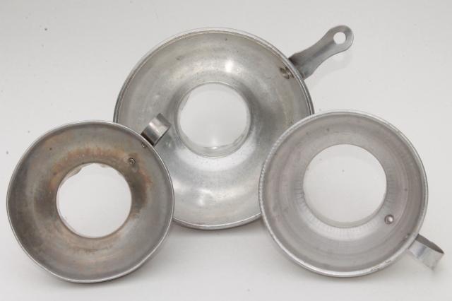 photo of vintage kitchenware lot, aluminum metal measuring cups, scoops, funnels #10