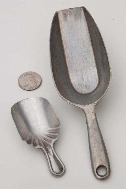 photo of vintage kitchenware lot, aluminum metal measuring cups, scoops, funnels #12