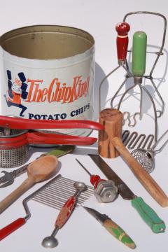 catalog photo of vintage kitchenware lot, collection of kitchen tools & utensils in Chip King potato chips tin