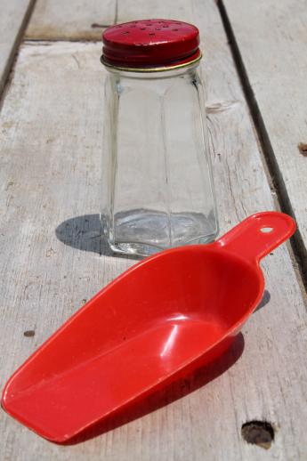 photo of vintage kitchenware lot - red handled kitchen utensils, jadite green flour sifter #10