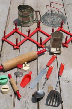 catalog photo of vintage kitchenware lot - red handled kitchen utensils, jadite green flour sifter