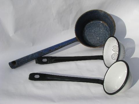 photo of vintage kitchenware utensils, old graniteware enamel dipper, ladles #1