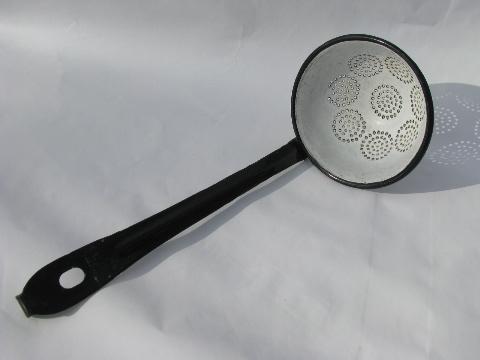 photo of vintage kitchenware utensils, old graniteware enamel dipper, ladles #3