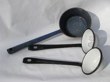 catalog photo of vintage kitchenware utensils, old graniteware enamel dipper, ladles