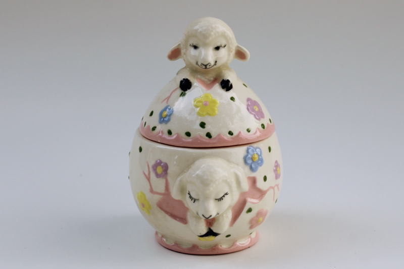 photo of vintage kitsch handmade ceramic Easter trinket box w/ baby lambs hatching out of large egg #1