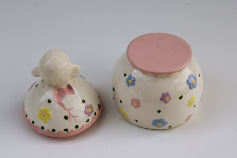 photo of vintage kitsch handmade ceramic Easter trinket box w/ baby lambs hatching out of large egg #3