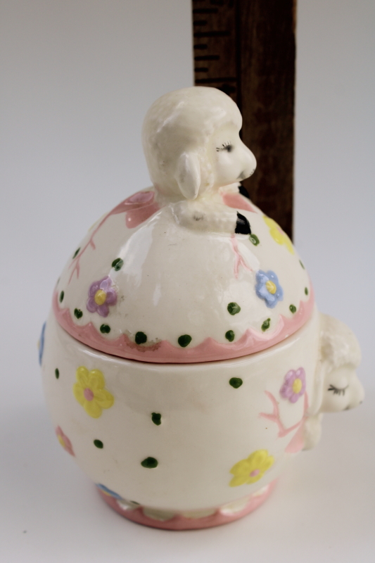 photo of vintage kitsch handmade ceramic Easter trinket box w/ baby lambs hatching out of large egg #4