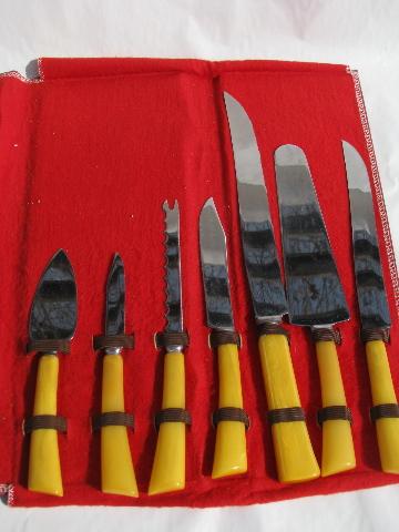 photo of vintage knife carving set knives, yellow catalin bakelite or plastic handles #1