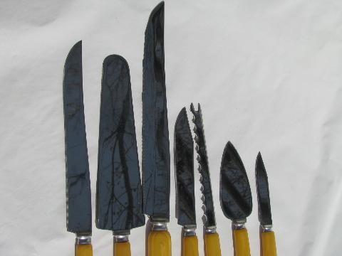 photo of vintage knife carving set knives, yellow catalin bakelite or plastic handles #4