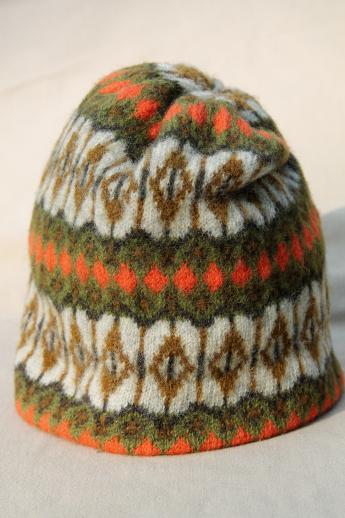 photo of vintage knit wool skier's hat - Iceland ski cap made in Sweden, green & orange fair isle beanie #1