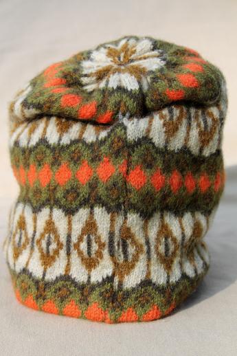 photo of vintage knit wool skier's hat - Iceland ski cap made in Sweden, green & orange fair isle beanie #2