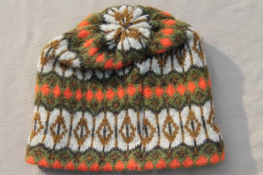 photo of vintage knit wool skier's hat - Iceland ski cap made in Sweden, green & orange fair isle beanie #3