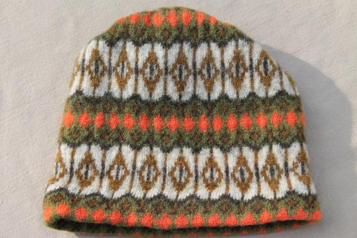 photo of vintage knit wool skier's hat - Iceland ski cap made in Sweden, green & orange fair isle beanie #4