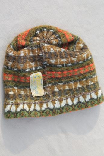 photo of vintage knit wool skier's hat - Iceland ski cap made in Sweden, green & orange fair isle beanie #6