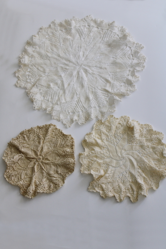 photo of vintage knitted lace, hand knit cotton thread lace doilies lot white ivory ecru #1