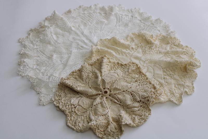 photo of vintage knitted lace, hand knit cotton thread lace doilies lot white ivory ecru #8