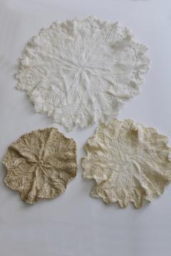 vintage knitted lace, hand knit cotton thread lace doilies lot white ivory ecru