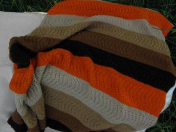 catalog photo of vintage knitted wool blanket, soft and cozy stripes in brown and orange