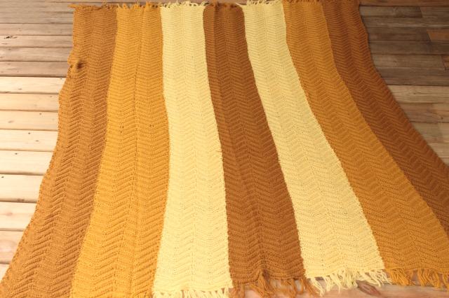 photo of vintage knitted wool throw blanket, knit afghan in golden yellow fall harvest gold colors #2