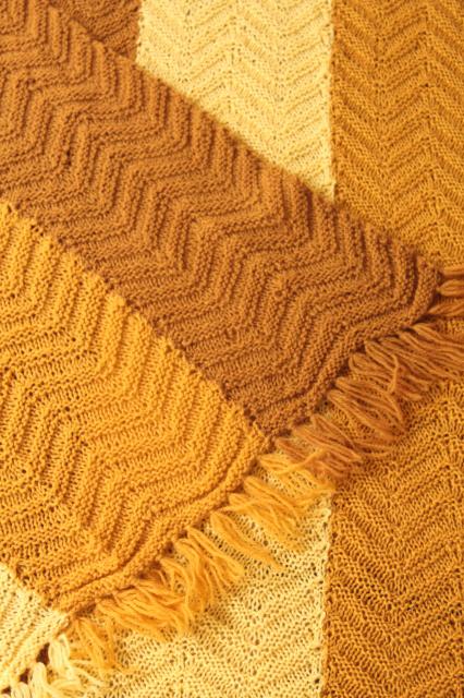 photo of vintage knitted wool throw blanket, knit afghan in golden yellow fall harvest gold colors #5