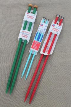 catalog photo of vintage knitting needles lot, cherry red, aqua & green plastic knitting needles