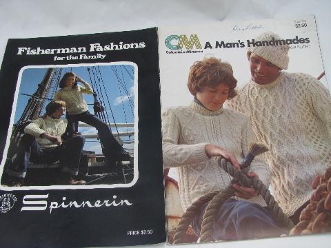 photo of vintage knitting pattern leaflets / booklets lot, Irish aran cable fisherman sweaters #3