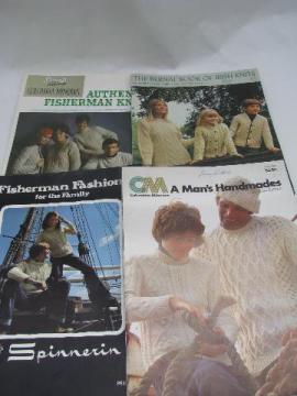 catalog photo of vintage knitting pattern leaflets / booklets lot, Irish aran cable fisherman sweaters