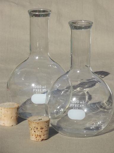 photo of vintage lab glass flask bottles, large Pyrex chemical beakers w/ corks #2