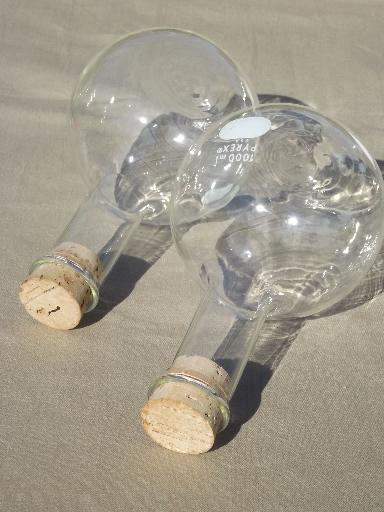 photo of vintage lab glass flask bottles, large Pyrex chemical beakers w/ corks #4