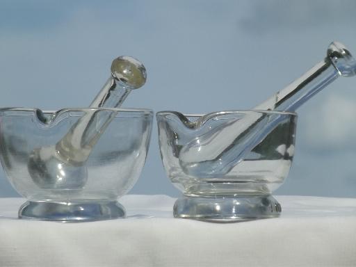 photo of vintage laboratory glass mortar & pestle sets, clear glass mortars & pestles #1
