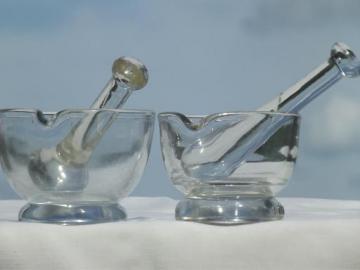 catalog photo of vintage laboratory glass mortar & pestle sets, clear glass mortars & pestles