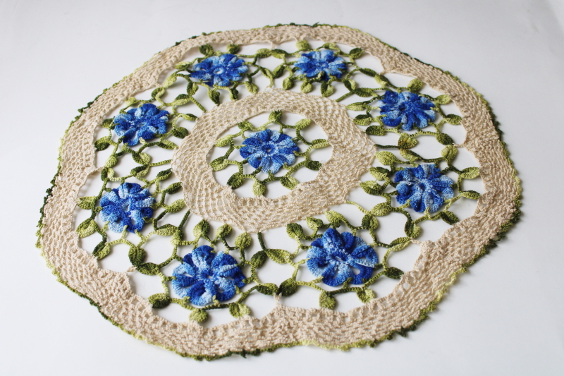 photo of vintage lace doily, colored thread crochet flower pattern, blue w/ olive green #1