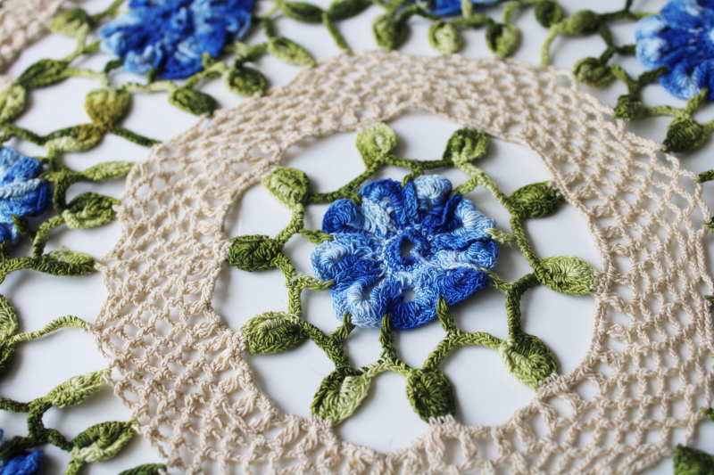 photo of vintage lace doily, colored thread crochet flower pattern, blue w/ olive green #3
