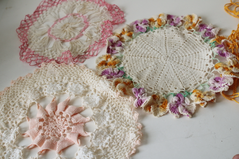 photo of vintage lace doily lot, flower doilies & pretty pastels spring colors pink & yellow  #5