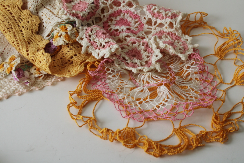 photo of vintage lace doily lot, flower doilies & pretty pastels spring colors pink & yellow  #8