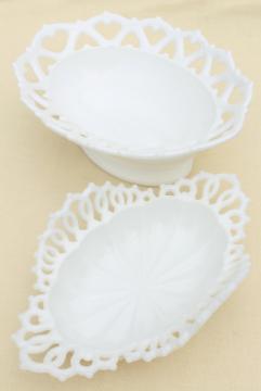 catalog photo of vintage lace edge milk glass basket shaped bowls, oval flower bowl or serving dishes