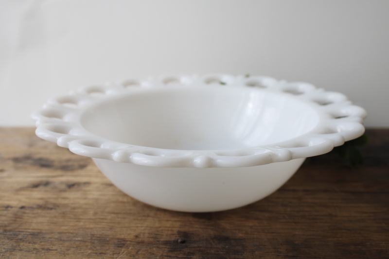 photo of vintage lace edge milk glass bowl, large centerpiece for flowers, candy dish #4