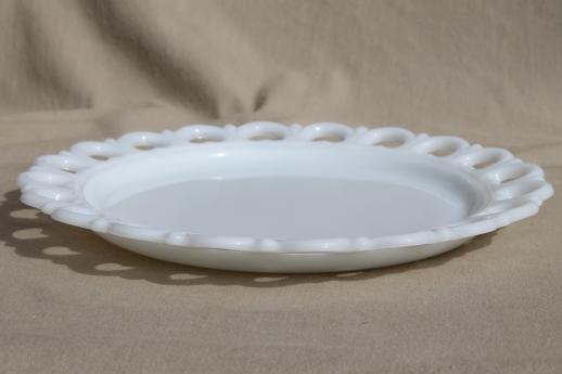 photo of vintage lace edge milk glass cake plate, large round tray or serving platter #3