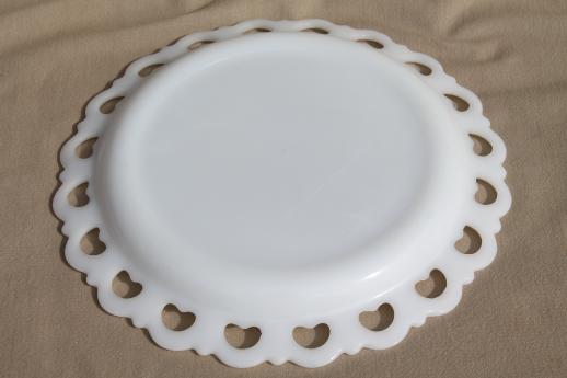 photo of vintage lace edge milk glass cake plate, large round tray or serving platter #5