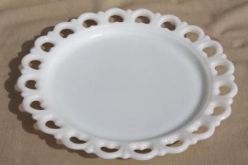 catalog photo of vintage lace edge milk glass cake plate, large round tray or serving platter