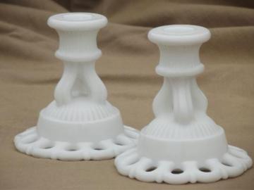 catalog photo of vintage lace edge milk glass candle sticks, Westmoreland Doric candle holders